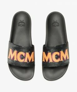 New Arrivals Mcm (men’s Black/Orange Diagonal Monogram Rubber Slides)