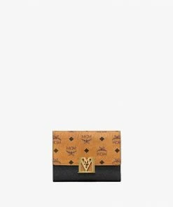 New Arrivals Mcm (cognac/black Mena Trifold Wallet In Visetos Leather)