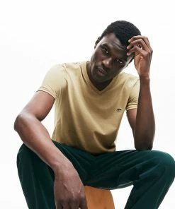 New Arrivals Lacoste Men's V-neck Beige Pima Cotton Jersey T-shirt