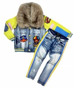 Elite Denim (kids Girls Yellow/pink Furry Denim Set)