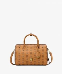 MCM (cognac Small Essential Boston Bag In Visetos Original) New Arrivals