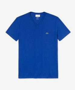 Lacoste Men's V-neck Navy Blue Pima Cotton T-shirt New Arrivals
