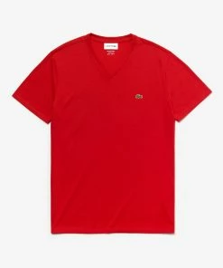Lacoste Men's V-neck Red Pima Cotton Jersey T-shirt New Arrivals