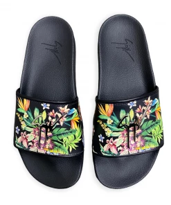 Giuseppe Zanotti (black Floral/sliver Leather Slide)