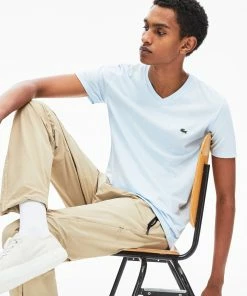 New Arrivals Lacoste Men's V-neck Light Blue Pima Cotton T-shirt