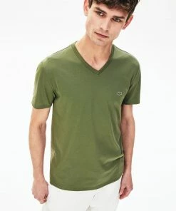 Lacoste Men's V-neck Khakis Green Pima Cotton T-shirt