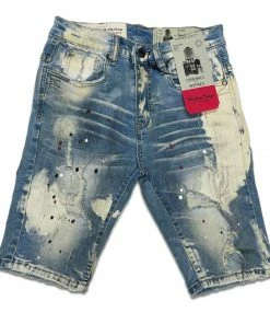 Industrial Indigo (blue/light Yellow Cut Wash Burgundy Drip Short)