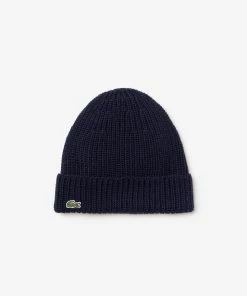 Lacoste (Men's Navy Turned Edge Ribbed Wool Beanie)