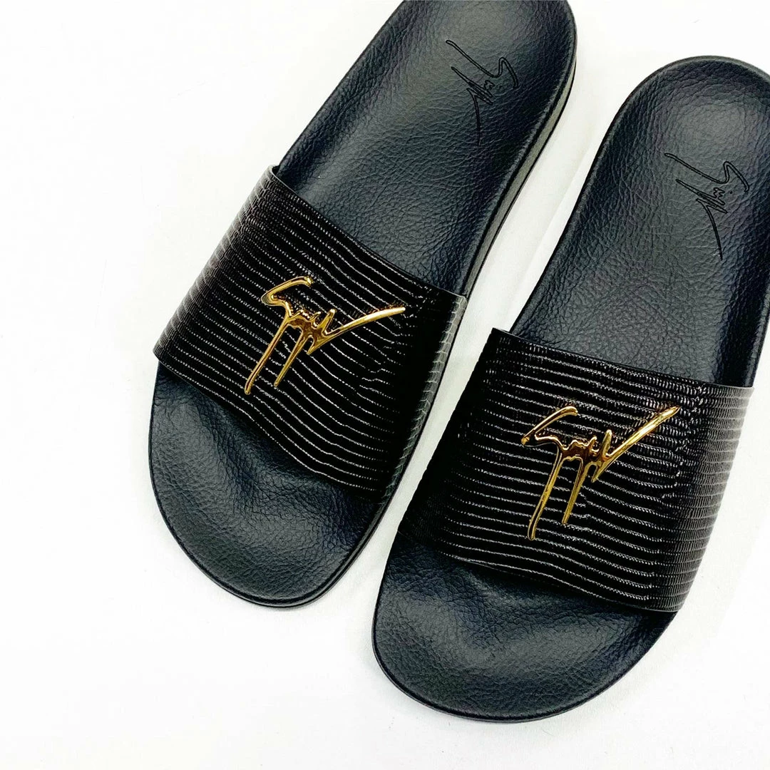 GIUSEPPE ZANOTTI (black/Gold Leather Slides) 4 GIUSEPPE ZANOTTI (black/Gold Leather Slides)