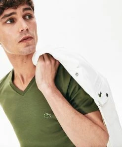 Lacoste Men's V-neck Khakis Green Pima Cotton T-shirt