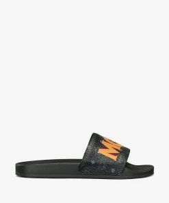 New Arrivals Mcm (men’s Black/Orange Diagonal Monogram Rubber Slides)