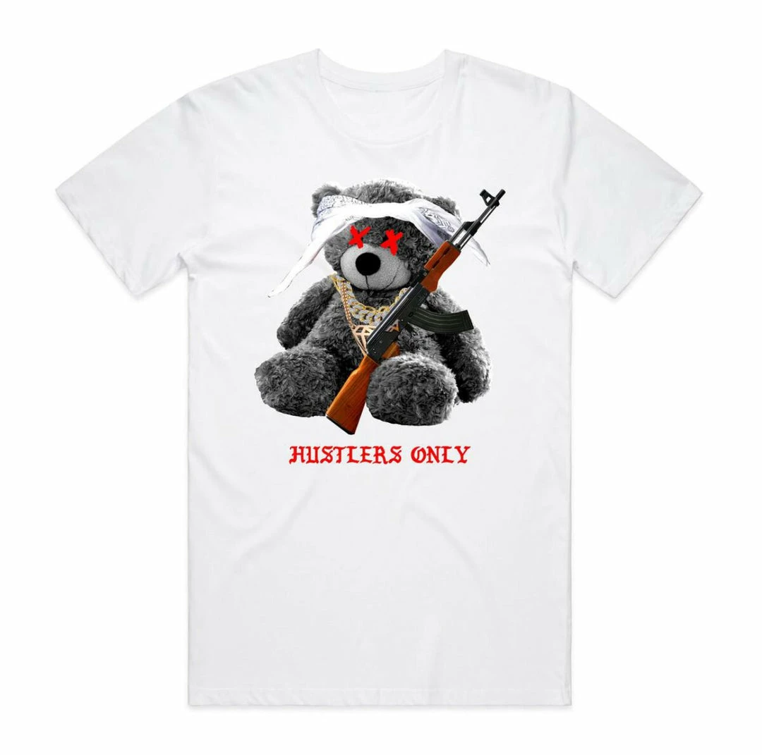 New Arrivals Streetwear (white “hustlers Only Teddy Bear T-shirt) 3 New Arrivals Streetwear (white “hustlers Only Teddy Bear T-shirt)